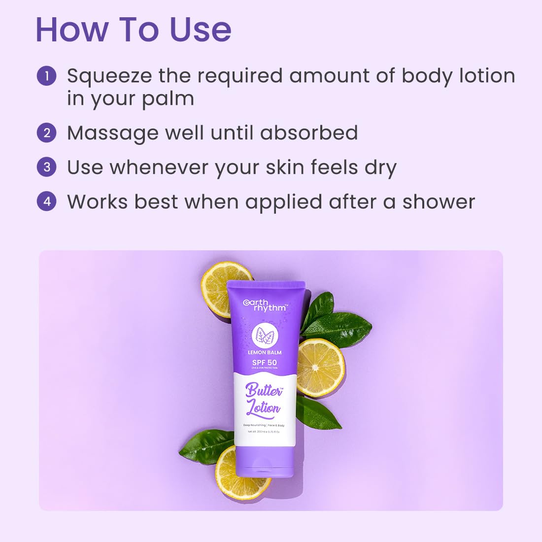 Earth Rhythm Lemon Balm Butter Body Lotion SPF 50 PA+++ | Soothes Skin & UVA & UVB Sun Protection | Body Lotion for winter| for All Skin Type | Men & Women – 200ml