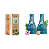 Nat Habit Kacchi Neem Wooden Comb - Soaked In 17 Herbs For All Hair Types (Dual Tooth) and Nat Habit Five Oil Hibiscus NutriMask-Hair Mask For all Hair & Scalp Types (Pack of 2 x 40 gm)