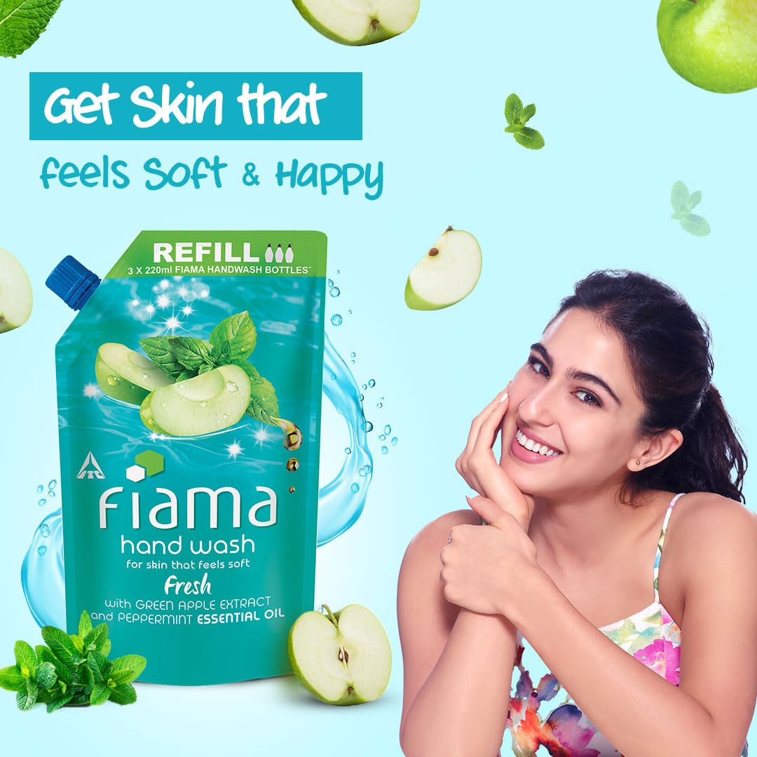 Fiama Fresh Hand Wash, 750 ml Refill Pack, Value Pouch, Peppermint Oil & Green Apple Extract Handwash, for Soft & Supple Hands