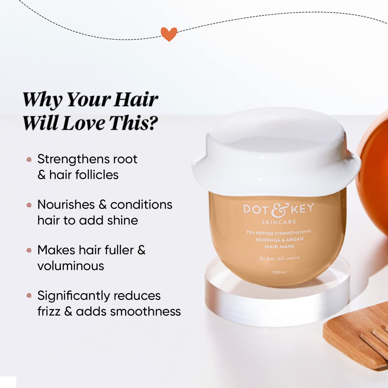 DOT & KEY Pea Peptide Strengthening Moringa & Argan Hair Mask | Hair Mask For Hair Fall Control | Hair Mask For Dry And Frizzy Hair | For Smoothening Hair | For Women & Men, 200 Millilitre