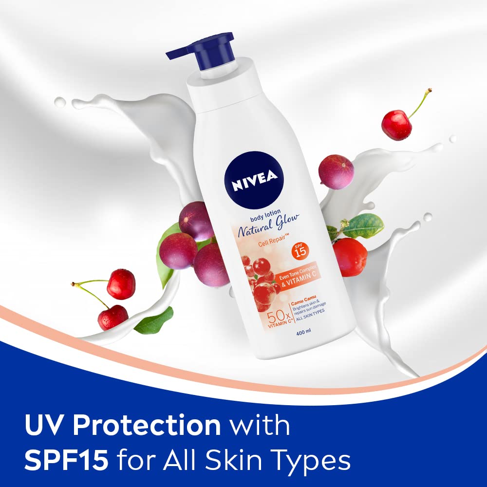 NIVEA Body Lotion Natural Glow, Cell Repair, Spf 15 & 50X Vitamin C 400ml (Pack of 3)