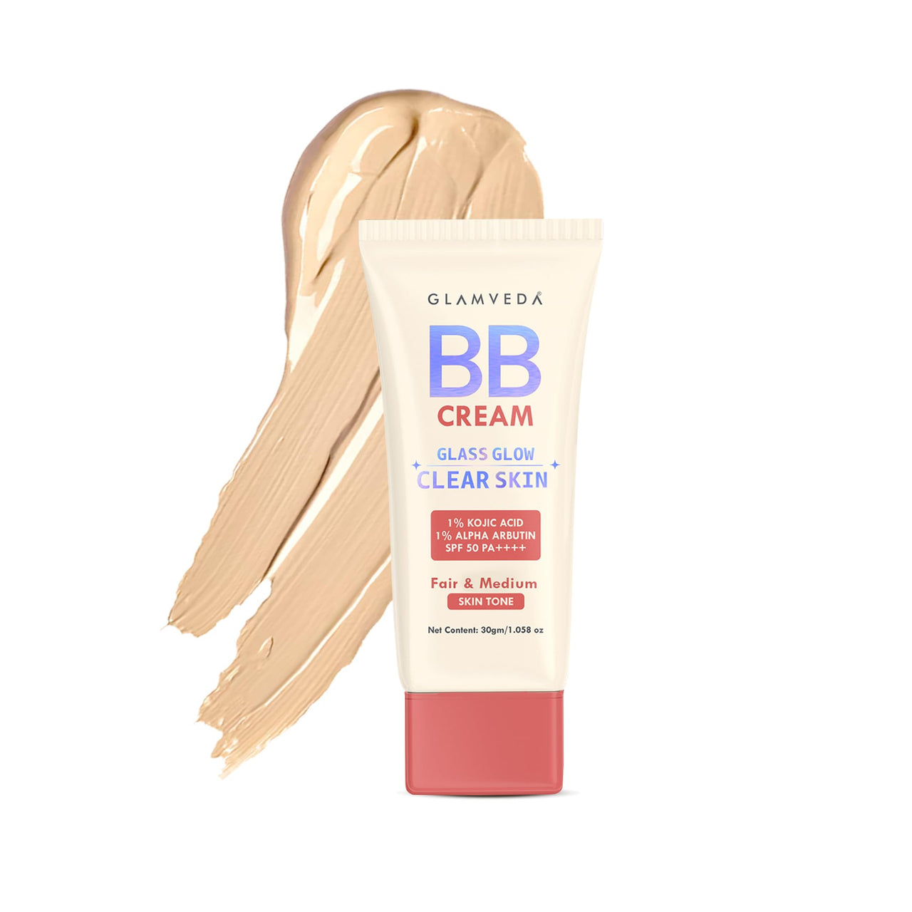 Glamveda BB Cream for Fair & Medium Skin Tone With SPF 50++++ | Lightweight, Non-Sticky & Waterproof | Covers Dark Spots & Evens Skin Tone | Natural, Dewy Finish | Hydrating & Durable (30 gm)