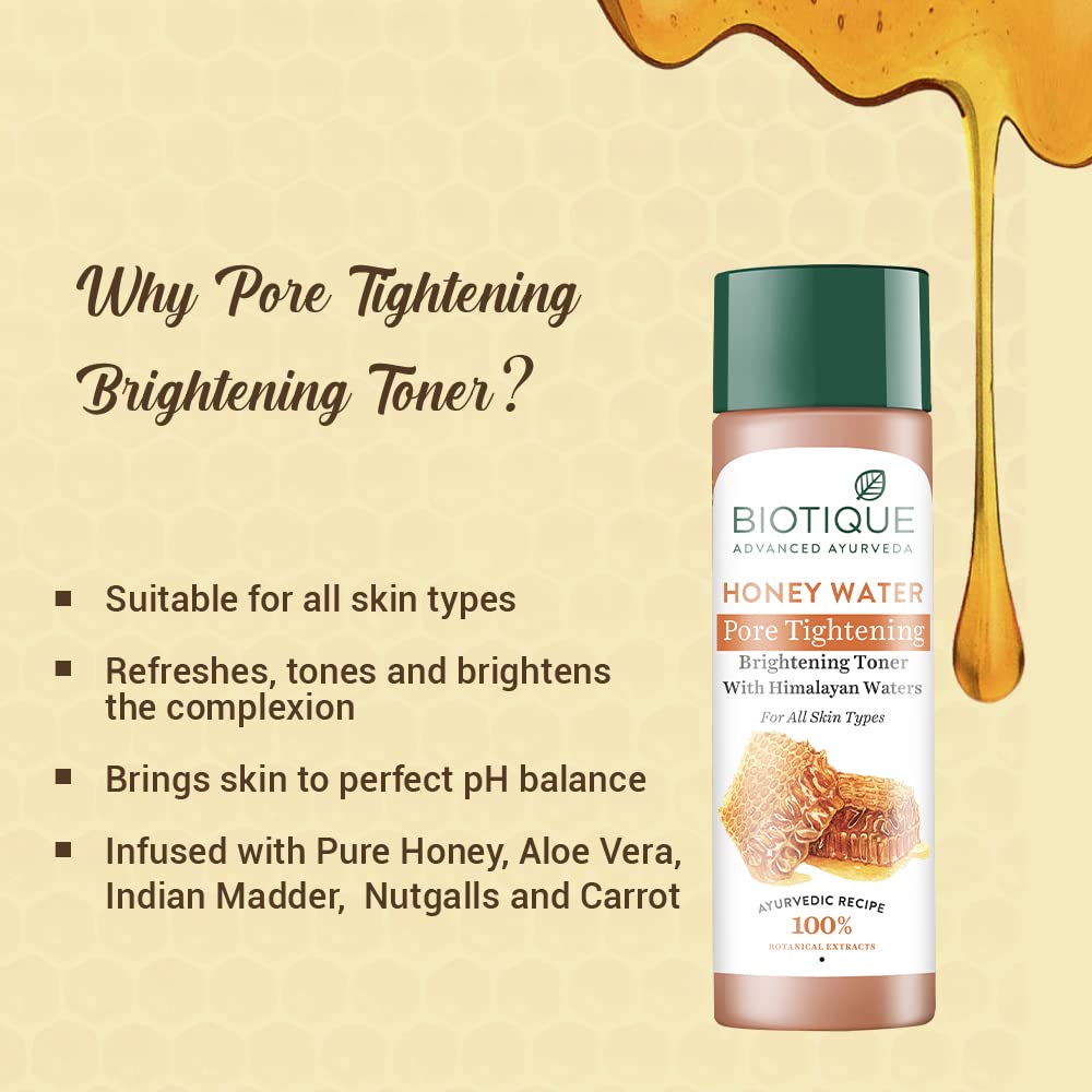 Biotique Honey Water Pore Tightening Brightening Toner With Himalayan Waters|Maintains Ph Balance|Moisturized And Hydrated Skin|100% Botanical Extracts|Suitable For All Skin Types|120Ml,Pack of 4