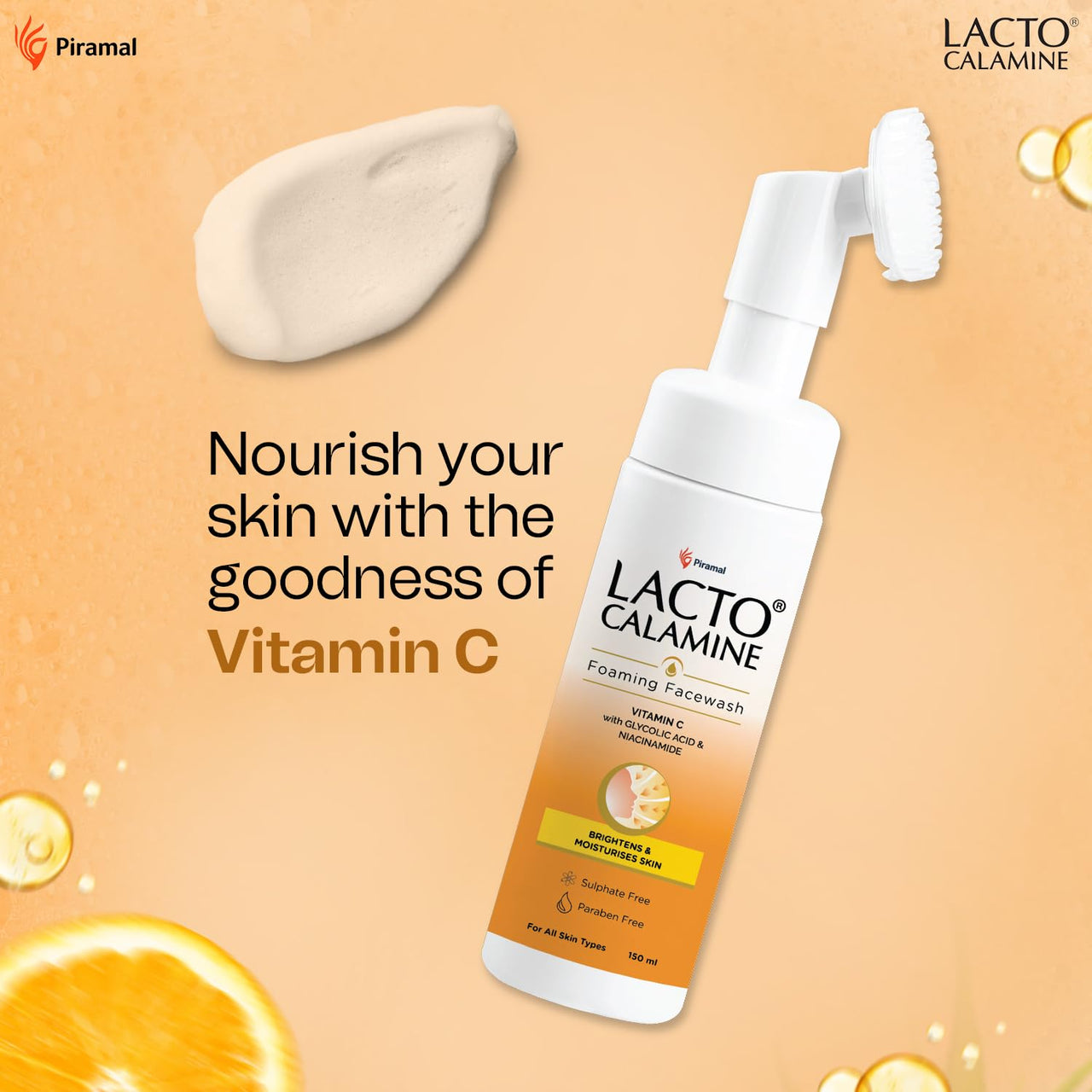 Lacto Calamine Vitamin C Foaming Face wash| Brightens skin & control blackheads & whiteheads| With Built-in foaming Brush|Sulphate free face wash| Paraben Free| 150 ml x Pack of 1
