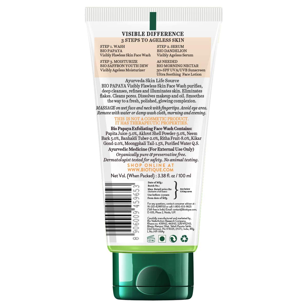 Biotique Bio Papaya Visibly Ageless Face Wash, Pack of 2, 200 ml (2 x 100 ml) and Biotique Bio Orange Peel Revitalizing Body Soap, 150g