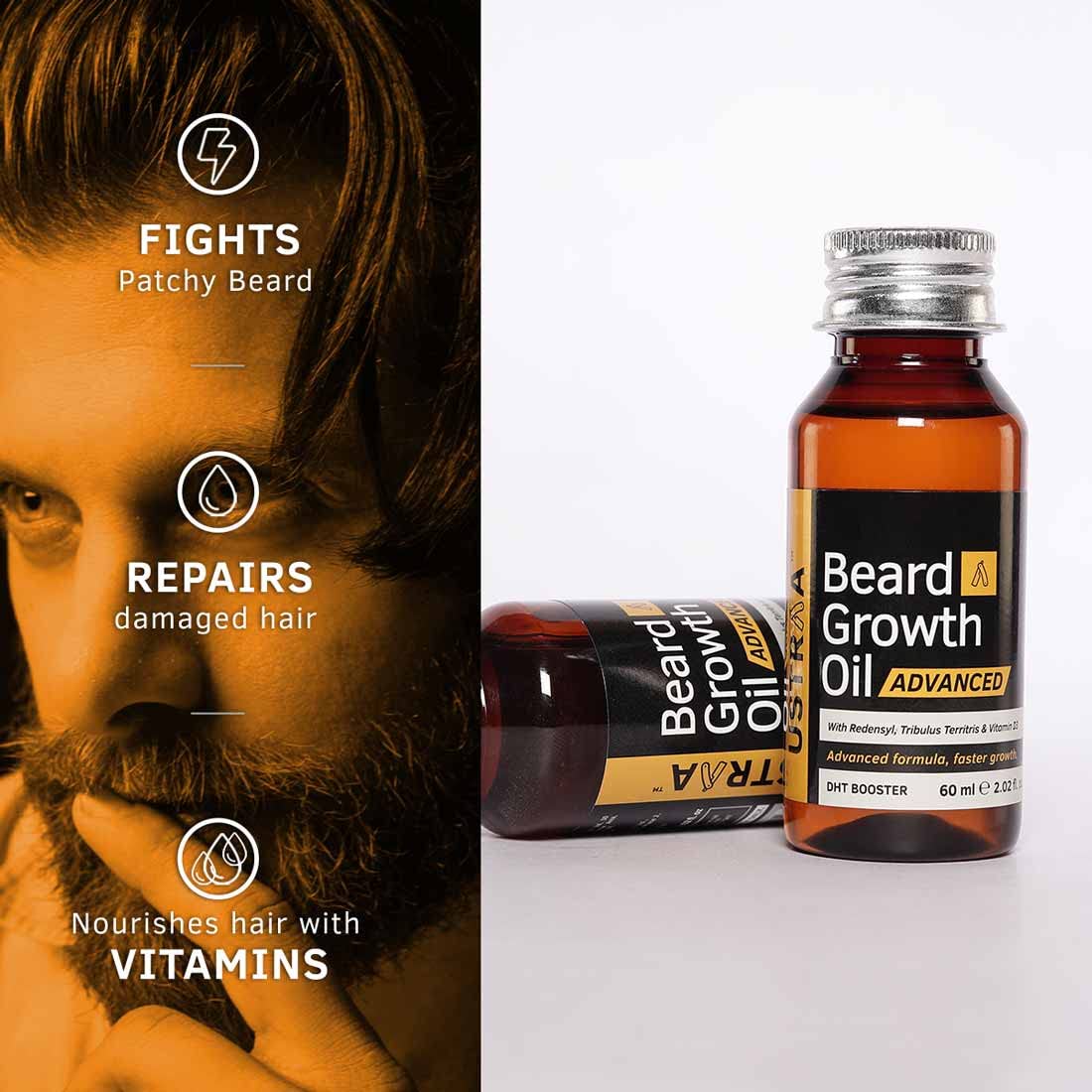 Ustraa Beard Growth Oil Advanced-60Ml-Lab Tested To Increase Beard Growth Rate By 40%,One Of Best Beard Growth Oil Patchy Beard Issues, Redensyl & Dht Booster,No Sulphates,No Mineral Oil