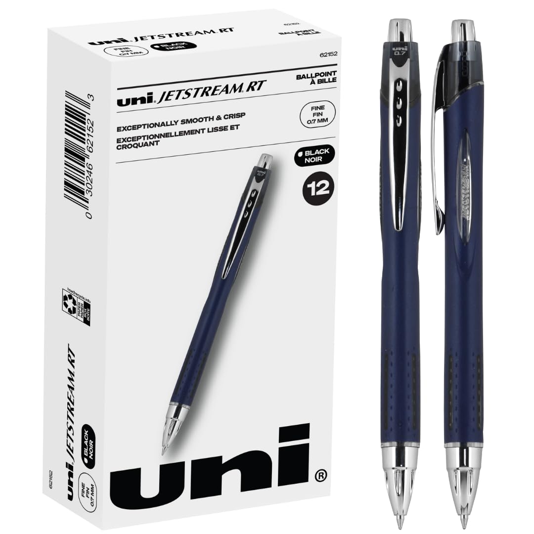 Uni-Ball Jetstream RT 12 Pack, 0.7mm - Black Ballpoint Pens - Wirecutter Best Pen, School Pens, Ink Pens | Ballpoint Pen, Colored Pens, Fine Point, School Supplies Bulk Black