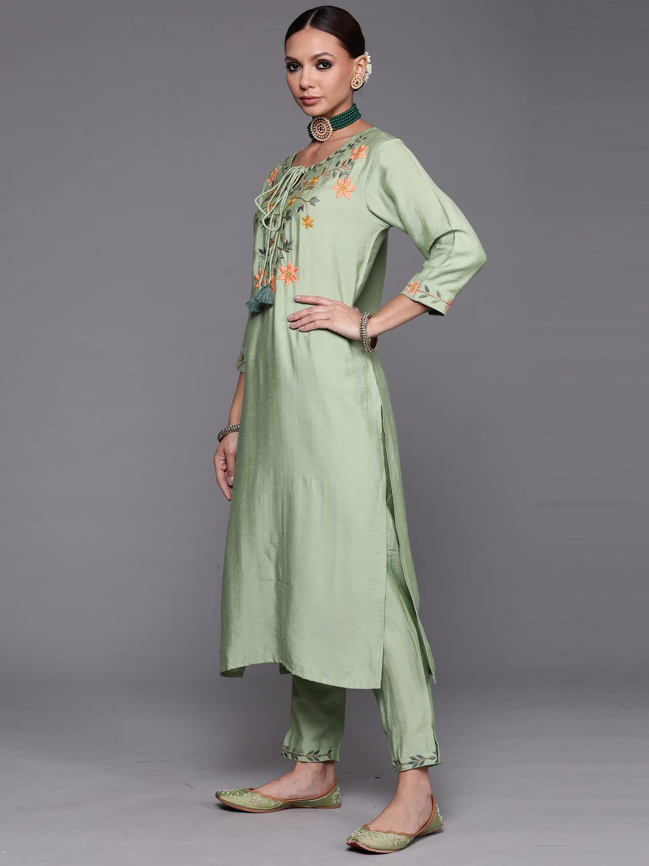 INDO ERA Women's  Silk Blend Floral Straight Kurta Pant with Dupatta Set