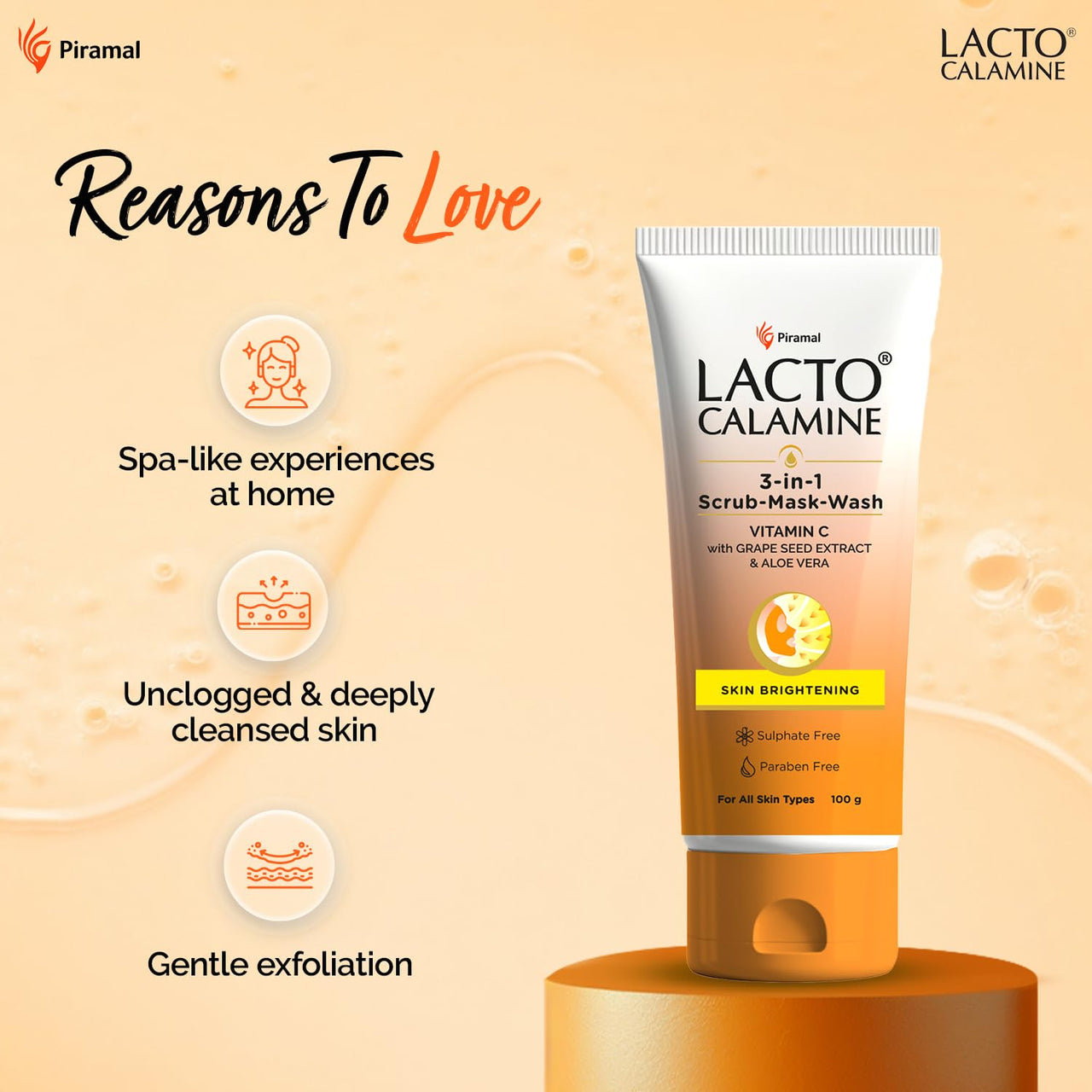 Lacto Calamine 3-in-1 Vitamin C Face Scrub-Mask-Wash for Skin Brightening Effect | 100ml x 1 | Multi-action Vitamin C Face Wash, Face Scrub, Face Mask with Kaolin Clay, Grape Seed Extract & Aloe Vera