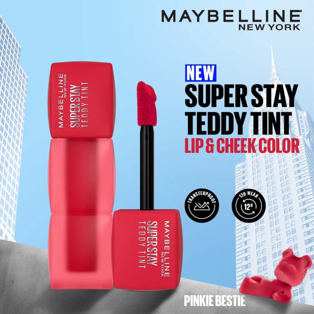 Maybelline New York Super Stay Teddy Tint - Lip and Cheek Color, Pinkie Bestie, 5ml |Teddy Soft Matte up to 12Hr |Multi Use |Comfortable Long wear formula |Buildable |Natural flushed look in one swipe