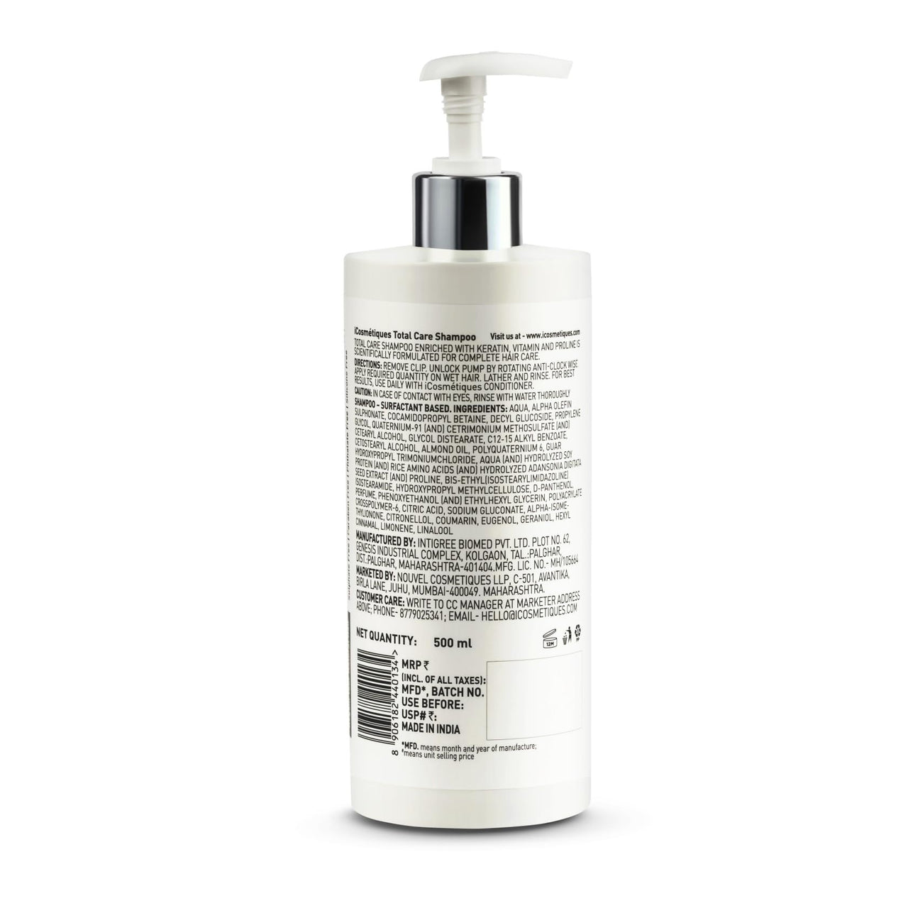 iCosmetiques Sulphate Free Shampoo |Reduces Hair Fall & Frizz |Keratin, Proline, B5 |Strengthens Roots | Silicone and Paraben Free |Unisex Total Care Formula |500ml