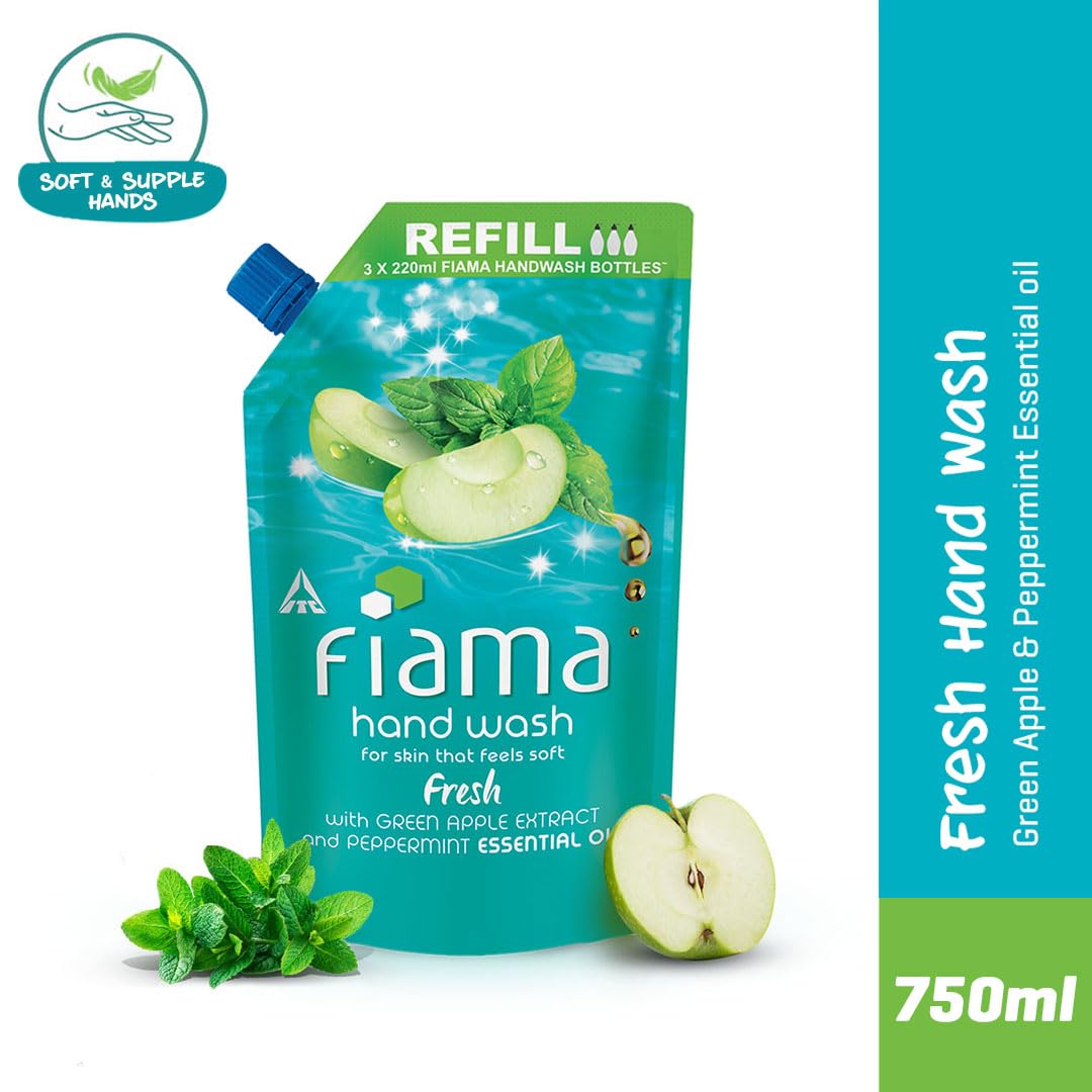 Fiama Fresh Hand Wash, 750 ml Refill Pack, Value Pouch, Peppermint Oil & Green Apple Extract Handwash, for Soft & Supple Hands