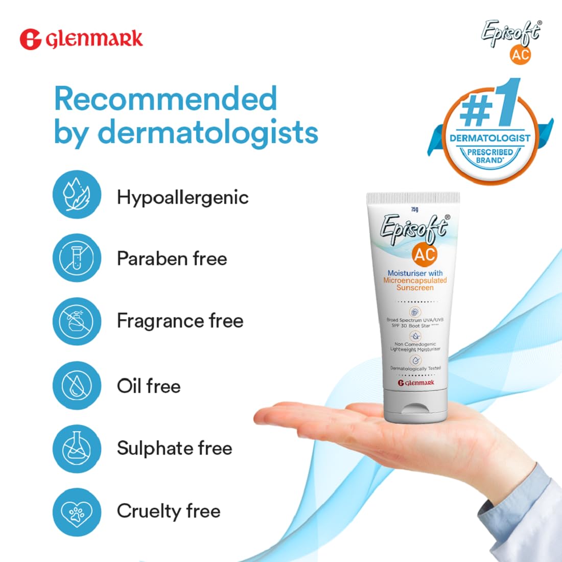 Episoft Ac Lightweight Moisturizer With Microencapsulated Sunscreen | Acne Safe | All Skin Types | Paraben & Fragrance Free | Suitable For Men & Women | 75Gm, 30 SPF
