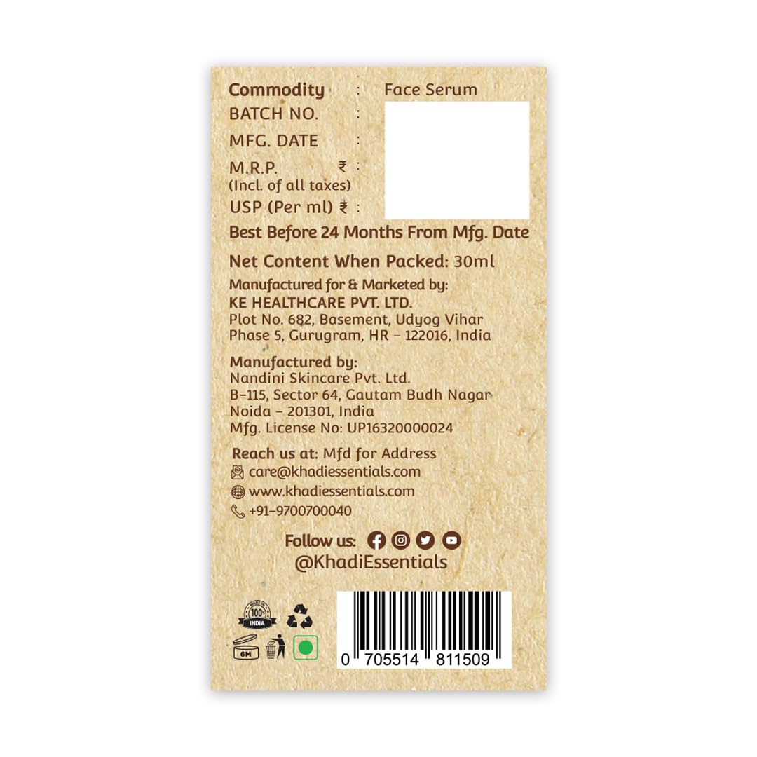 Khadi Essentials 1% Retinol & 5% Vitamin C Face Serum with Bakuchi Extracts for Bright Skin | Reduces Fine Lines, Wrinkles & Pigmentation | for All Skin Type - 30ml