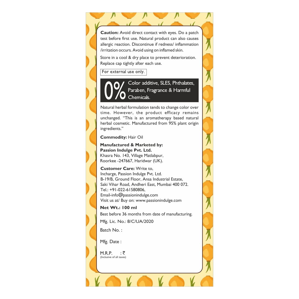 Passion Indulge Onion & Bhringraj Hair Growth Oil | Non Sticky & Non Greasy | Natural & Vegan | Bhringraj, Ylang Ylang, Onion, Lemon Oil Extract | All Hair Type -100ml