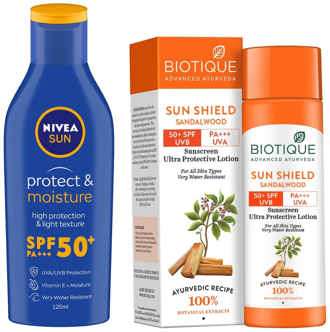 Nivea Sunscreen Lotion, Sun Protect And Moisture (Spf 50), 125Ml And Bio Sandalwood Sunscreen Ultra Soothing Face Lotion, Spf 50+ For All, Oily Skin Types, 120Ml, Pack Of 1