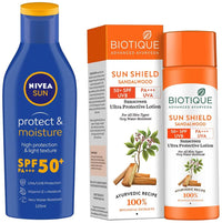 Nivea Sunscreen Lotion, Sun Protect And Moisture (Spf 50), 125Ml And Bio Sandalwood Sunscreen Ultra Soothing Face Lotion, Spf 50+ For All, Oily Skin Types, 120Ml, Pack Of 1