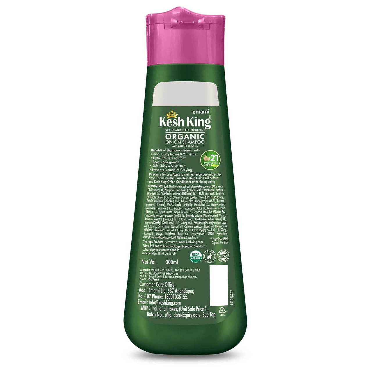 Kesh King Organic Onion Shampoo with Curry Leaves | Anti Hair Fall Shampoo | Reduces Hair Fall Up to 98% & Smooths Hair for 48 Hrs | Ayurvedic Shampoo | Paraben Free - 300ml