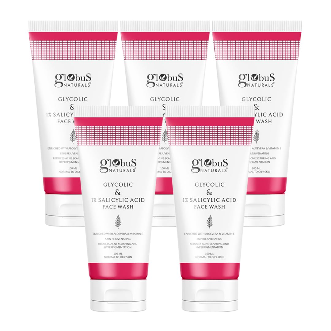 Globus Naturals Pimple Clear Glycolic & 1% Salicylic Acid Face Wash, For Acne & Oil Control, Enriched with Aloe vera & Vitamin E (100ml) (Pack Of 5)