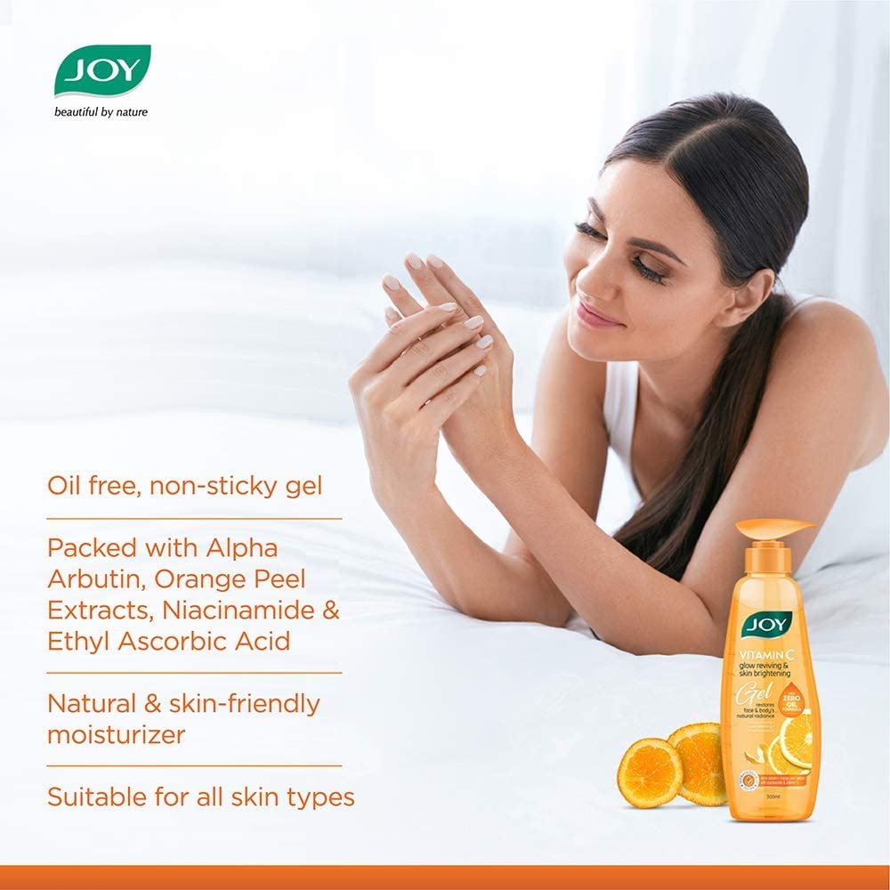 Joy Vitamin C Gel | Glow Reviving & Skin Brightening Gel | With Orange Peel extract, Alpha-arbutin, Anti Tan, Sun Protection, Skin Moisturizer for Face & Body, No Parabens | For All Skin Types 300 ml