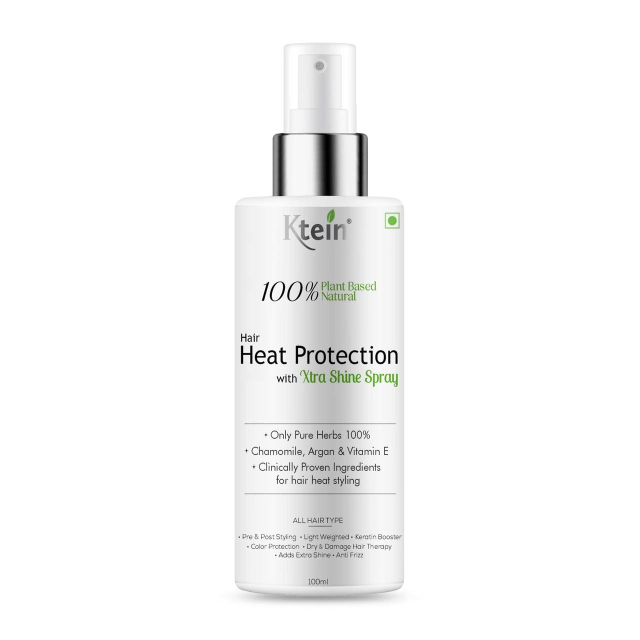 100% Plant Based Hair Heat Protection Spray with EXTRA SHINE, Chamomile, Argan and Vitamin E 100ml