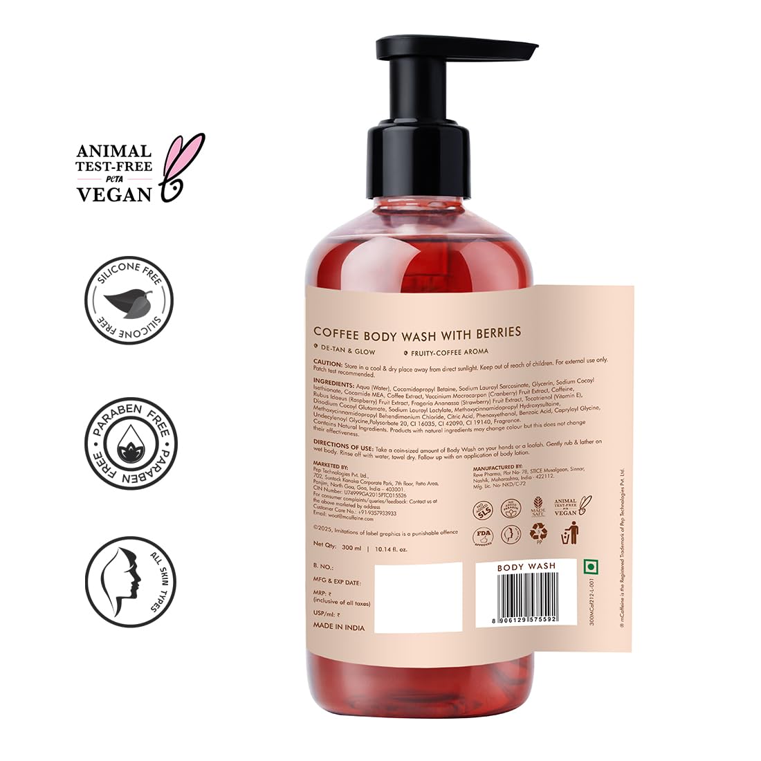 mCaffeine Coffee Body Wash With Berries | Tan Removal & Deep Cleansing | Vitamin C Rich Berries for Glowing Skin | Nourishes & Softens Skin | Fruity Fragrance Shower Gel for Men & Women - 300ML