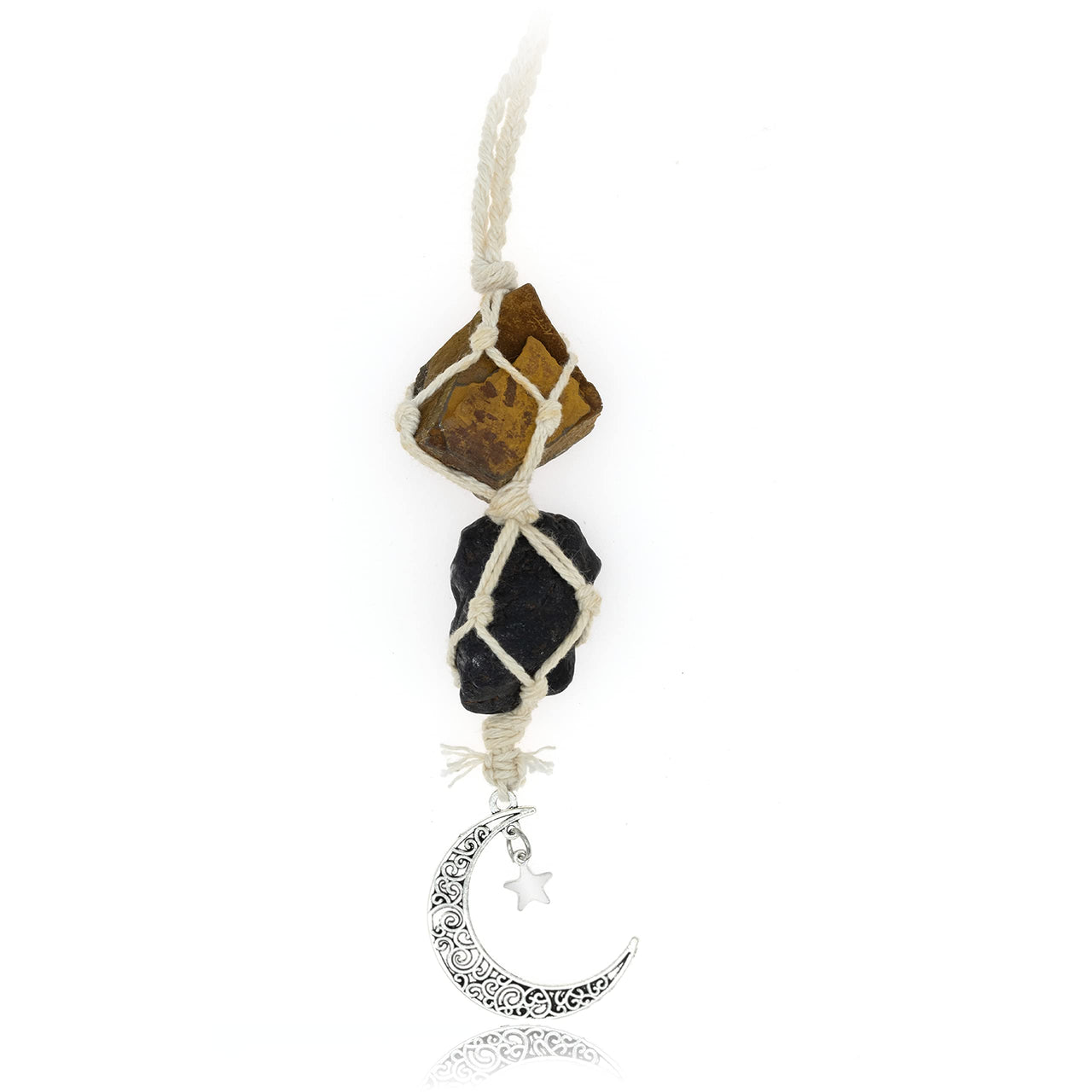 BOHO GARDEN Hanging Car Charm - Tiger Eye & Black Tourmaline - Dangling Moon, Healing Crystal Accessories, Rearview Mirror Decorations - Grounding, Confidence, Protection, Courage, Resilience, Energy Tiger's  Eye-tourmaline