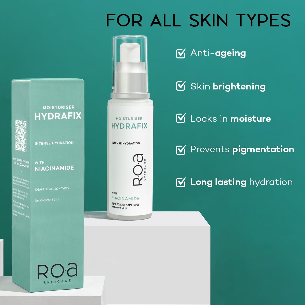 R.O.A SKINCARE Hydrafix moisturizer for dry skin face with Niacinamide, Ceramides and Peptides | Long lasting moisture for barrier repair | Non-Comedogenic oil free moisturizer | 50ml