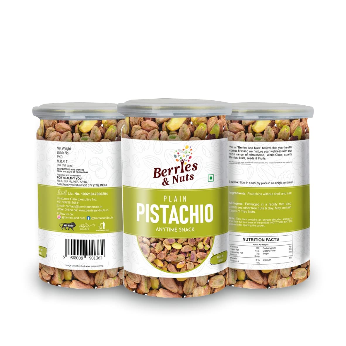 Berries And Nuts Premium Size Plain Pista Kernels | Pistachios without Shell, Unsalted Pista | 600 Grams | 3 Bottle of 200 Grams