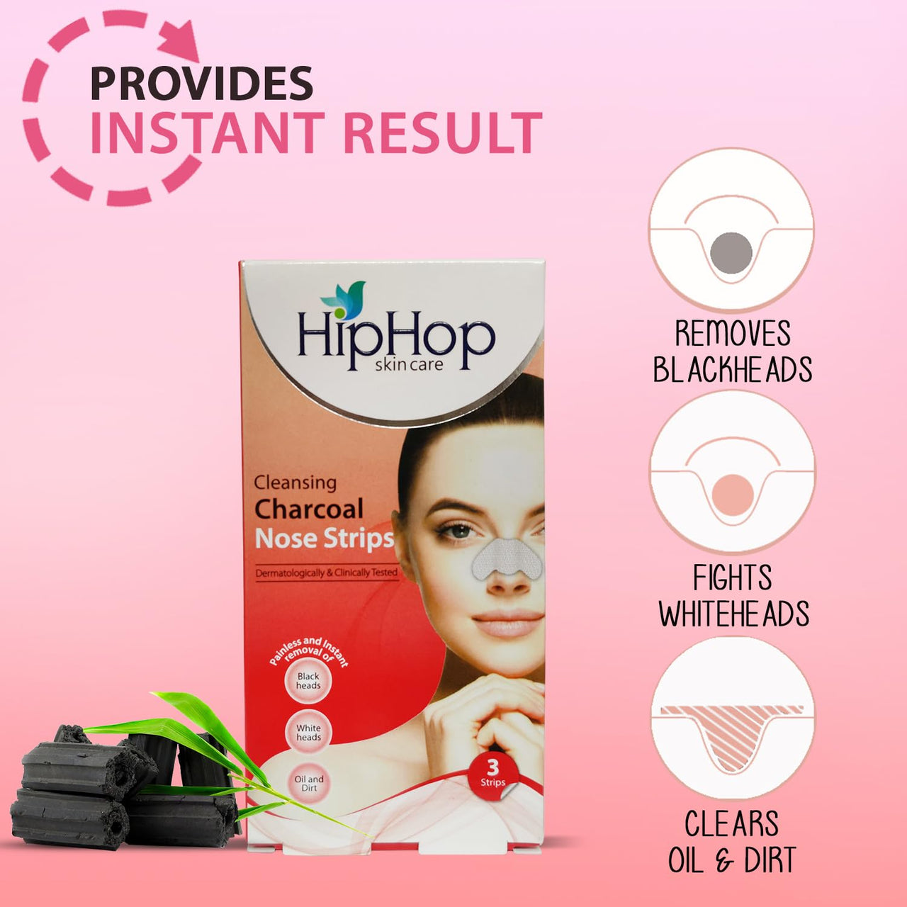HipHop Skincare Cleansing Charcoal Nose Strips for Women - Blackhead Remover & Pore Cleanser (3 Strips)
