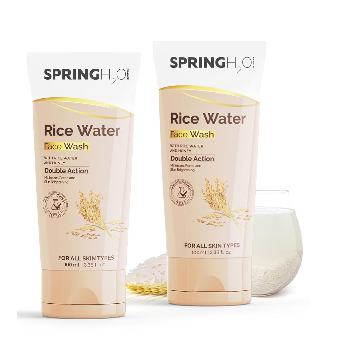 Spring H2O Rice Water Face Wash | Double Action Formula For Skin Brightening & Pores Minimizing | Deep Cleansing & Purifying Gel | Suitable For All Skin Types | 100ml (Pack Of 2)