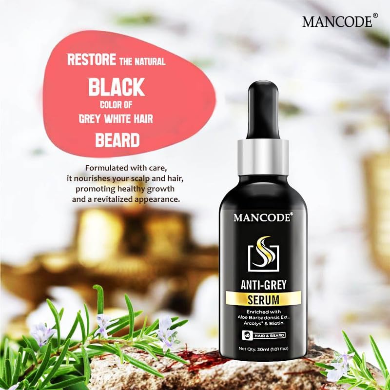 Mancode Anti Grey Serum | Restore Natural Black Color of Grey White Hair & Beard | Delay & Reverse Grays | Strengthen Hair Roots | Toxin Free | For All Hair Types - 30ml