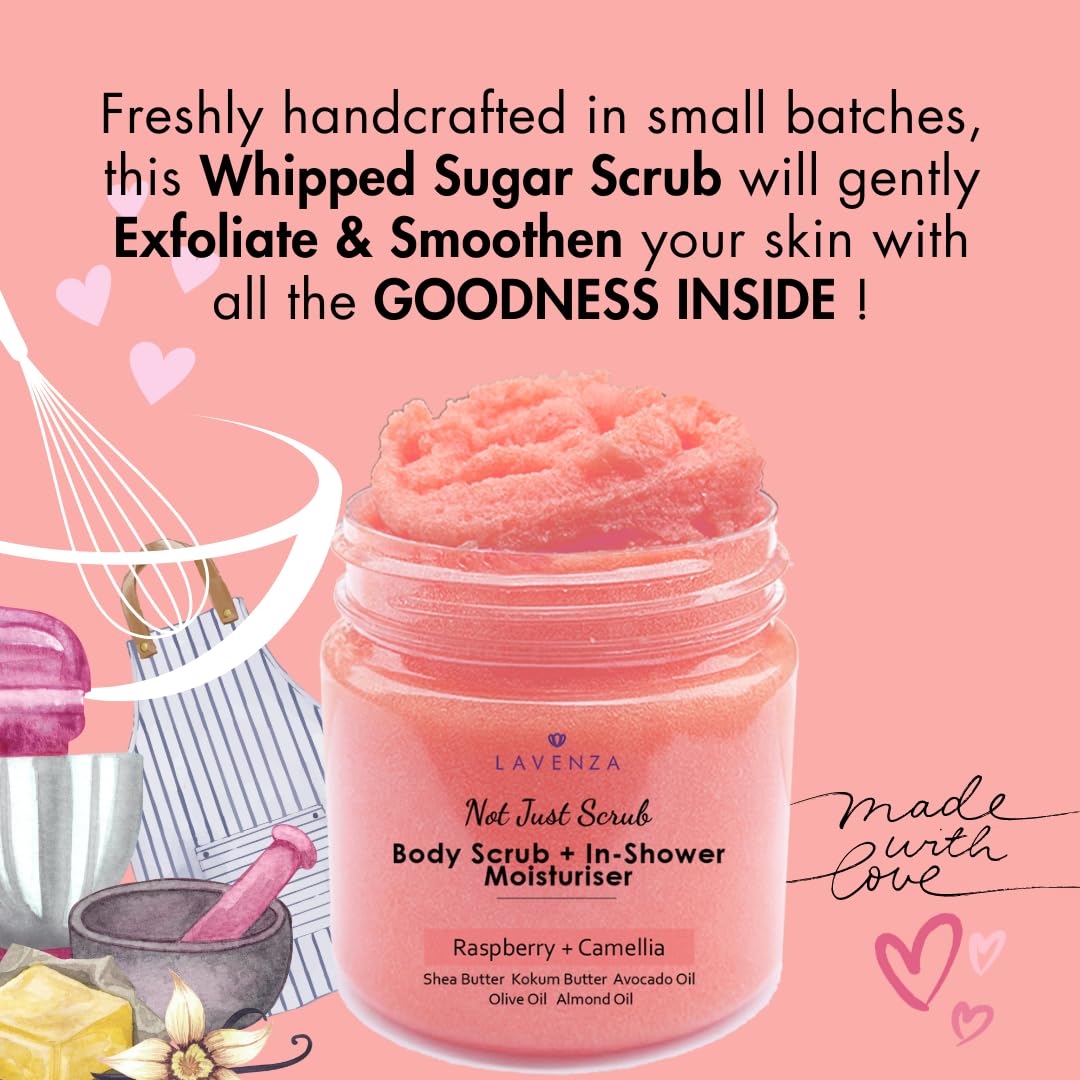 Lavenza Butter Whipped Body Scrub |Natural AHA, NO SILICONES & SULPHATES, Freshly made with Cold pressed Oils & Shea Butter| De-Tans naturally, Deeply Moisturizes, Gently Exfoliates with Camelia Oil | No harsh Chemicals, Safe for Kids, Men & Women, 200 Gm