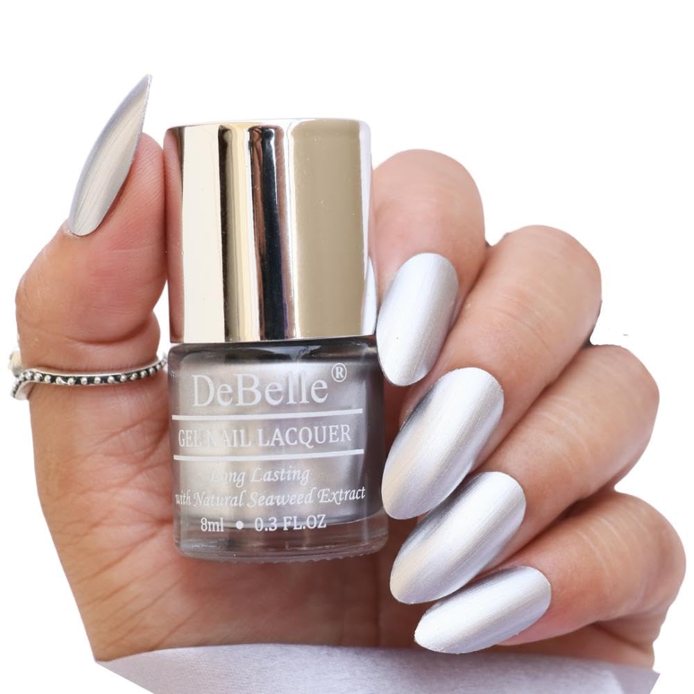DeBelle Gel Nail Polish Chrome Silver (Metallic Silver Nail Paint)|Non UV - Gel Finish |Chip Resistant | Seaweed Enriched Formula| Long Lasting|Cruelty and Toxic Free| 8ml
