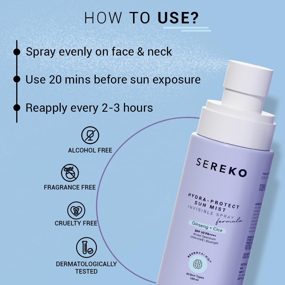 Sereko Hydra-Protect Face Sunscreen Spray SPF 50 PA++++ for Women & Men | Invisible, Non-Greasy & Quick-Absorbing | 24-Hour Hydration & Instant Cooling | UVA+UVB & Blue Light Protection | All Skin Type