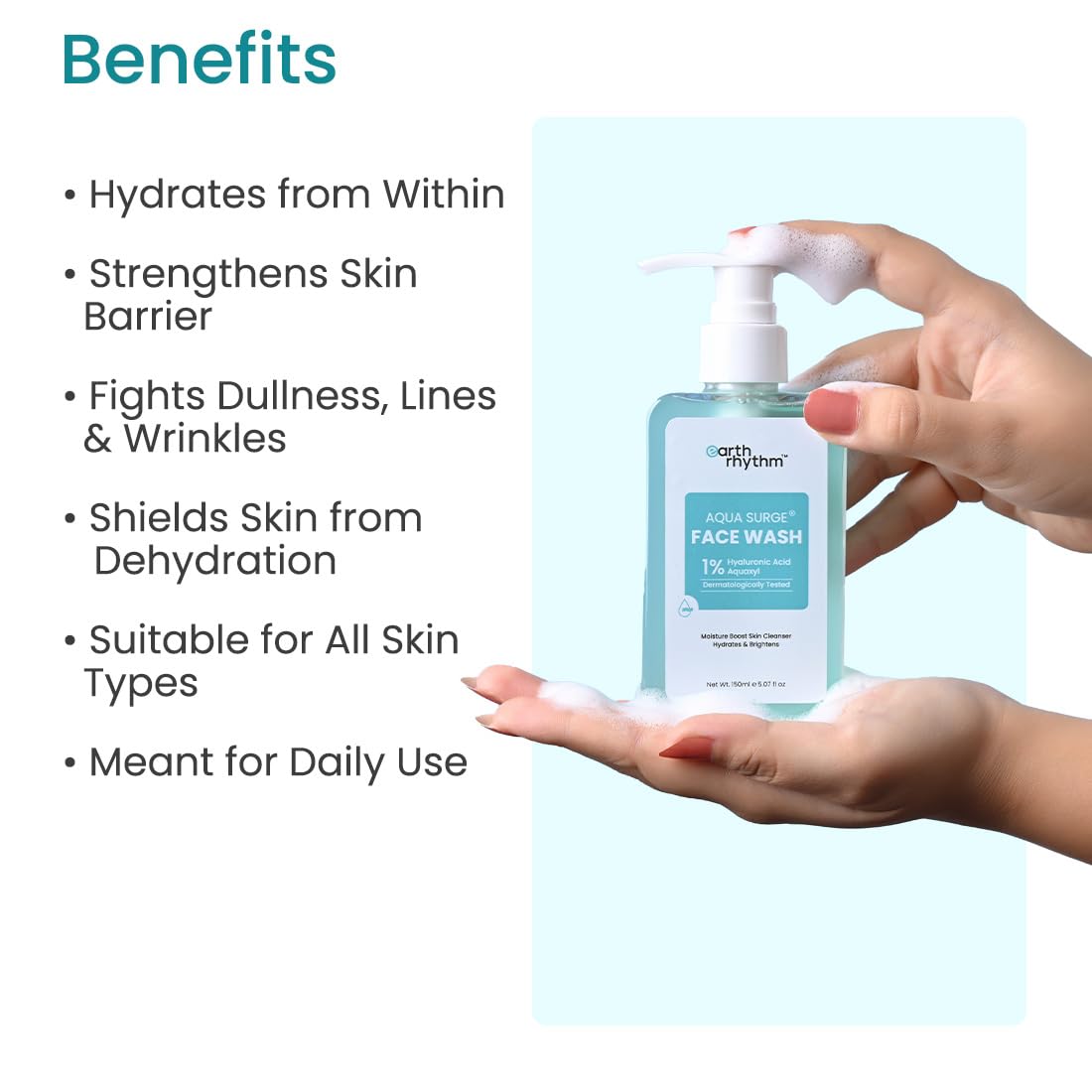 Earth Rhythm Aqua Surge Face wash with 1% Hyaluronic Acid, for Dry Skin | Men & Women - 150ml