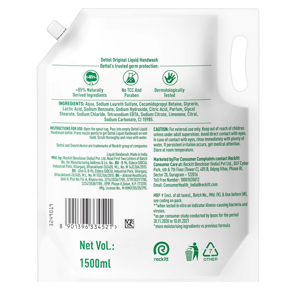 Dettol pH-Balanced Skincare Liquid Handwash Refill Super Saver Pack, 1500ml & Dettol Liquid Hand wash Refill Original -1500 ml
