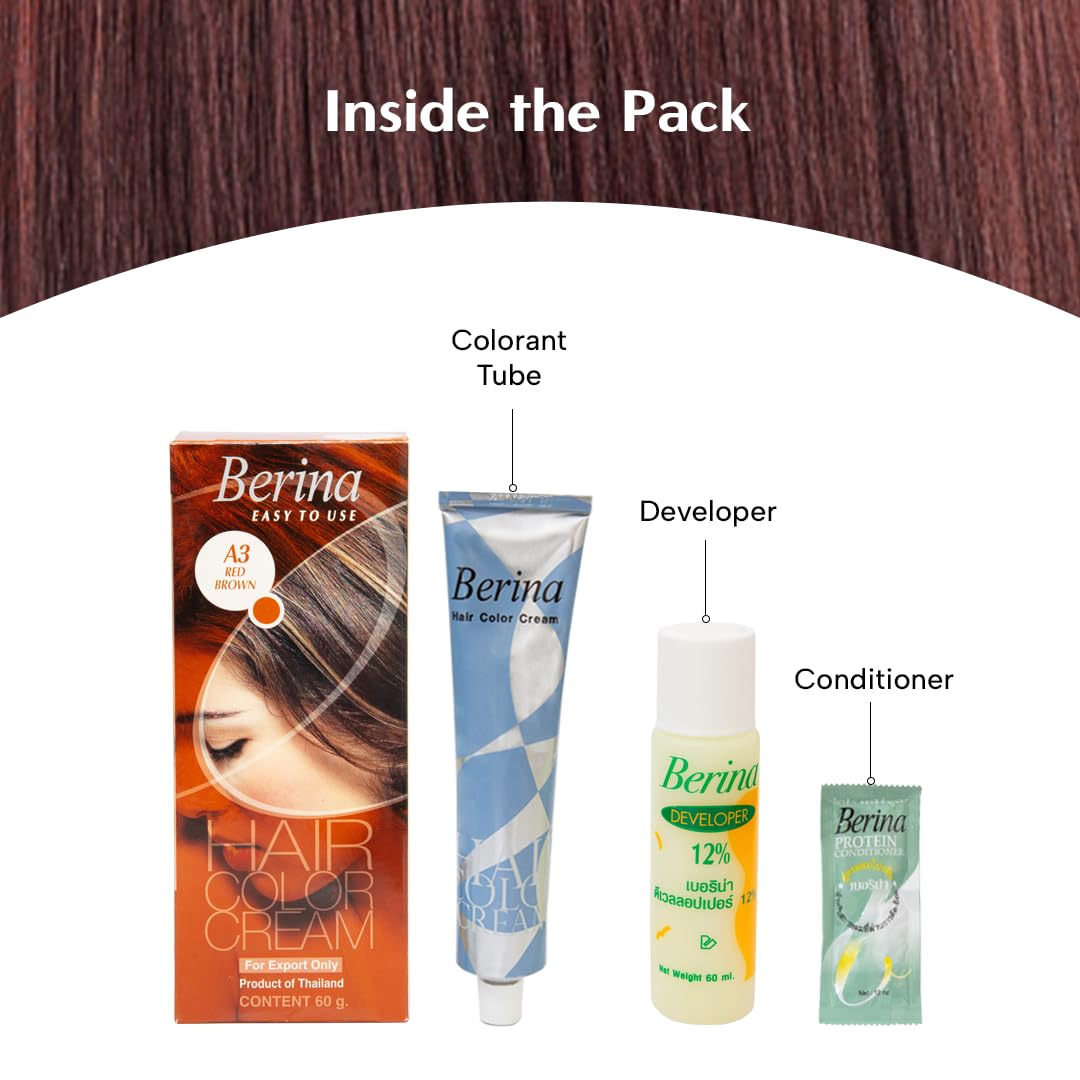 Berina Professional | Permanent Hair Color Cream | 60gm | A03 Red Brown | Long Lasting Color