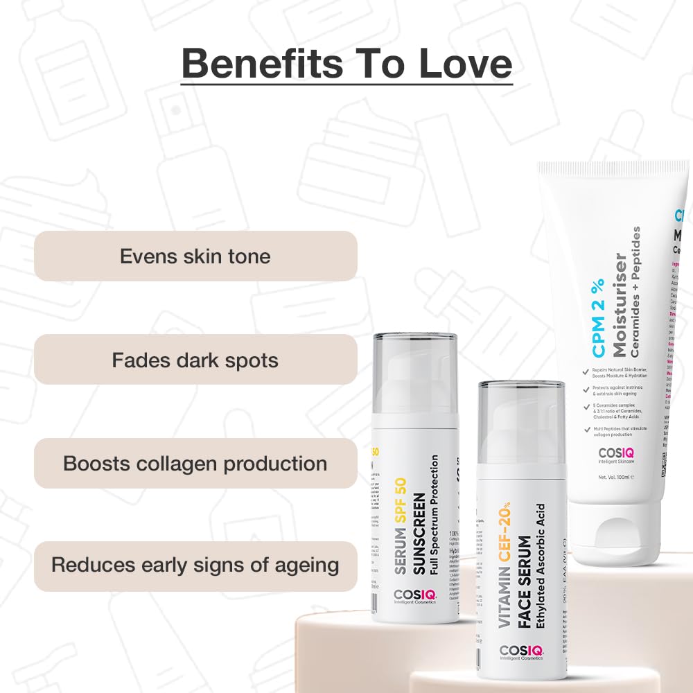 Cos-IQ Glow & Protect Skincare Kit | 2% Ceramides Peptides, 20% Vitamin C Serum & Sunscreen Spf50 | Premium Gift Set for Women & Men | Barrier Repair Moisturizer for All Skin Types