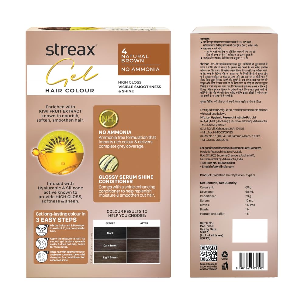 Streax Gel Hair Colour for Women & Men, Natural Brown 4 , 150ml|Hair Colour Brown|100% grey coverage |Long Lasting Hair Color, easy to use| Ammonia Free Hair Color, No Paraben & Sulphate