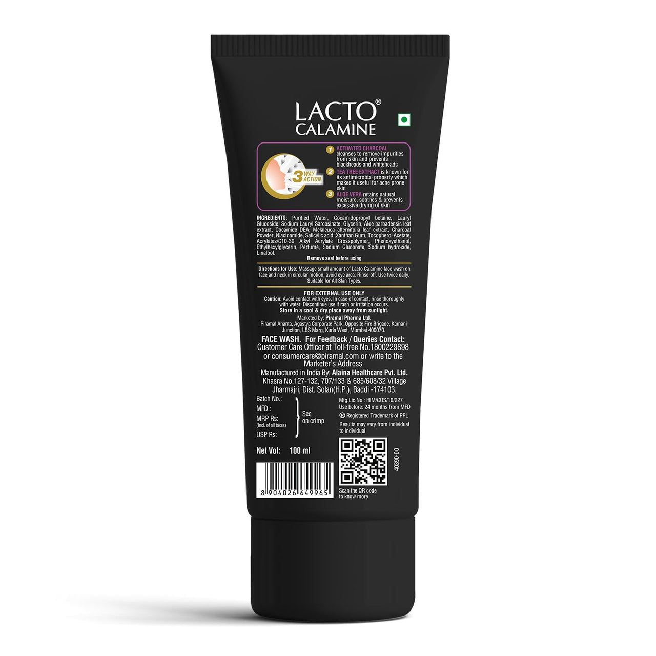 Lacto Calamine Activated Charcoal Face Wash with Aloe Vera & Tea Tree Extract for Deep Skin Detox. Removes impurities and fights blackheads & whiteheads. No Parabens, No Sulphates - 100 ml Pack of 1