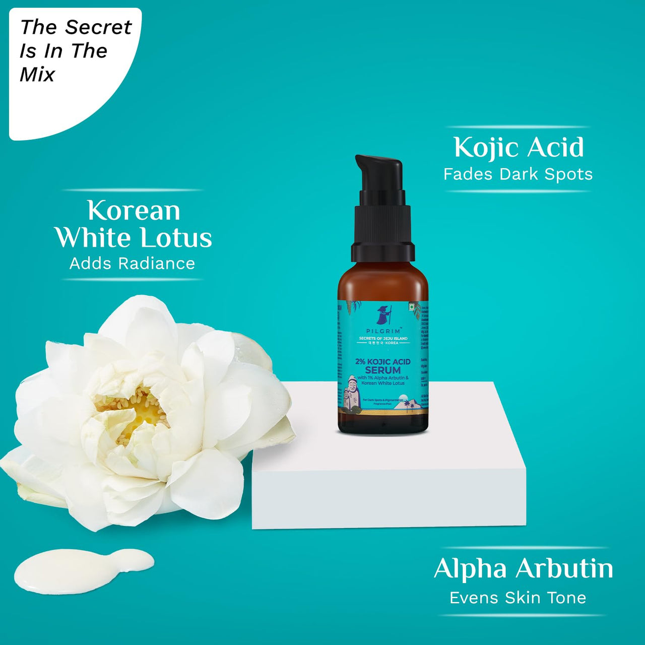 Pilgrim 2% Kojic Acid Serum for face (30 ml) with 1% Alpha Arbutin & Korean White Lotus For Acne & Darks spots| Anti-pigmentation Face Serum For Men & Women | For All Skin Types