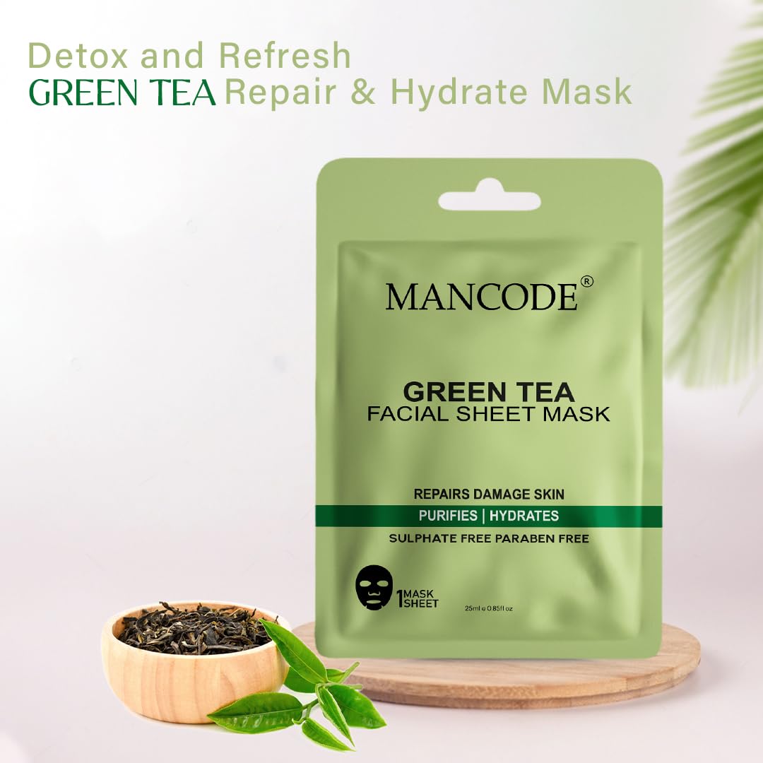 Mancode Green Tea Facial Sheet Mask 25ml Repairs Damaged Skin Purifies & Hydrates Pore Reducing, Brightening and Enhances Daily Glow | Korean Sheet Mask for Men Women Sheet Mask Set Combo Pack of 3