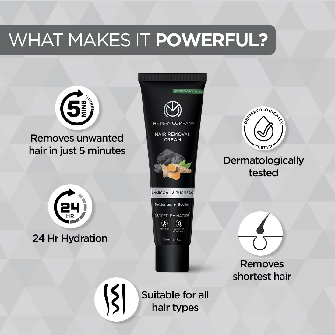 The Man Company Hair Removal Cream for Men | Removes Unwanted Hair in Just 5 Minutes | 24 Hours Hydration | Enriched with Charcoal & Turmeric | Dermatologically Tested | For All Skin Types - 100gm