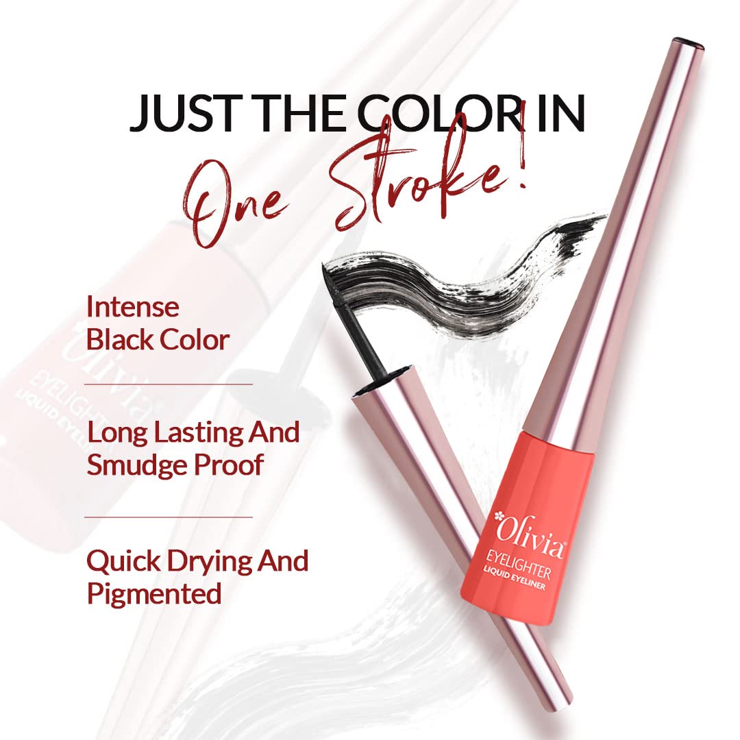 Olivia Intense Liquid Eyeliner - Black | Waterproof, Smudge-Proof, Long-Lasting Eyeliner for Women | Glossy Finish, Quick-Dry Formula, Precise Fine Tip | Eye Liner Makeup for Bold, Defined Eyes - 3ml