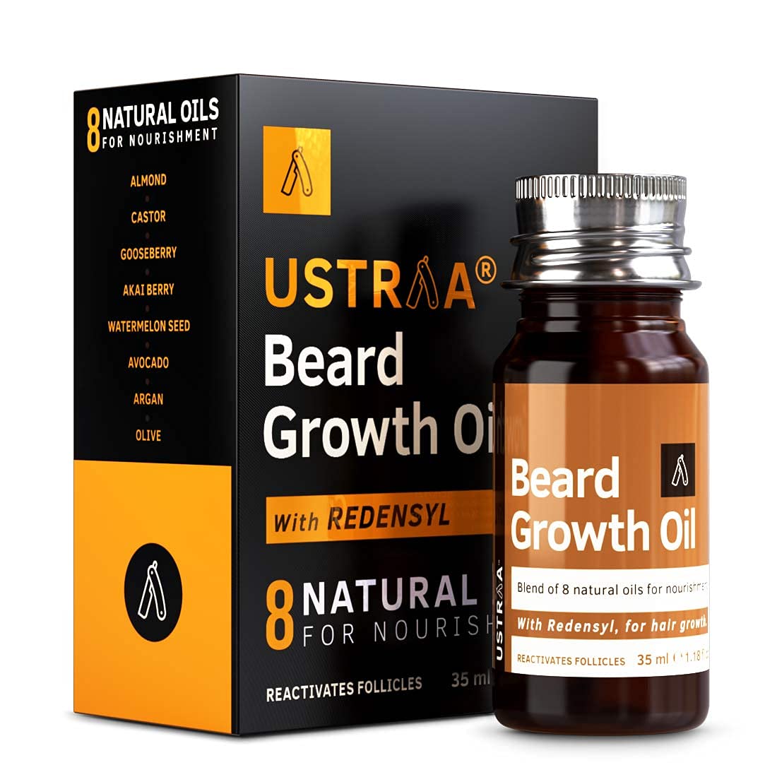Ustraa Beard Growth Oil - 35ml - More Beard Growth, With Redensyl, 8 Natural Oils including Jojoba Oil & Beard Softener Woody - 100g - Softens and nourishes your beard without Sulphates or Parabens