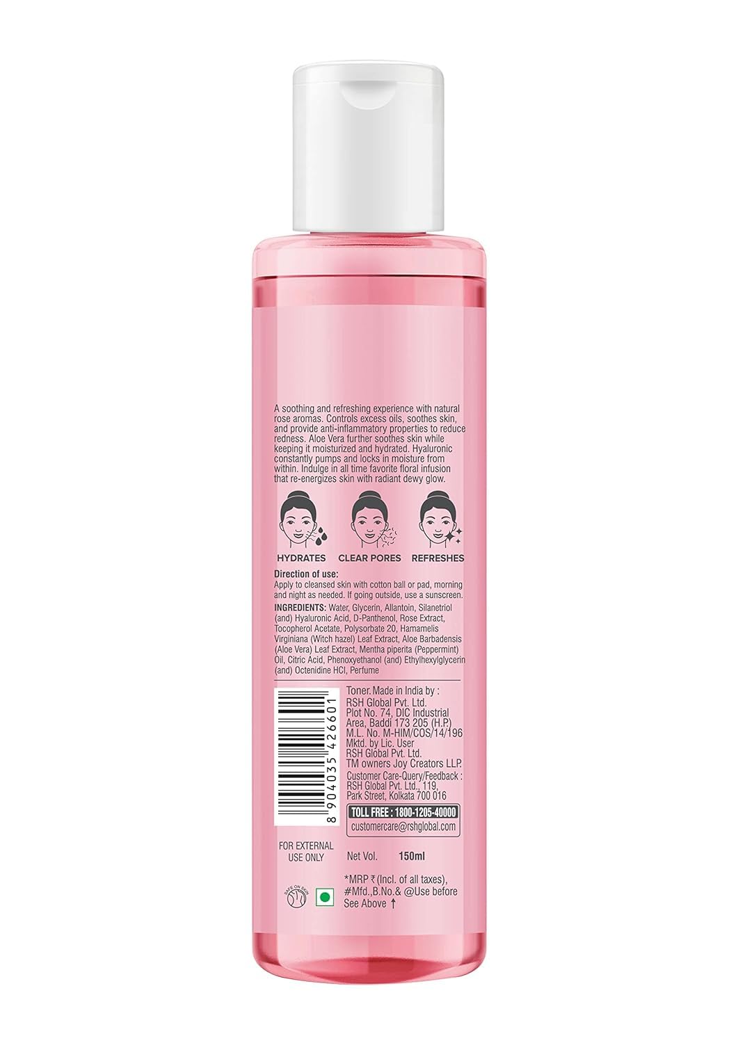 Joy Pink Rose Water Toner with Vitamin E, Hyaluronic Acid & Aloe Vera for Hydrating & Refreshing Skin (150ml) | Alcohol Free Toner with Natural Rose Aroma | Get Glowing Skin for All Skin Types