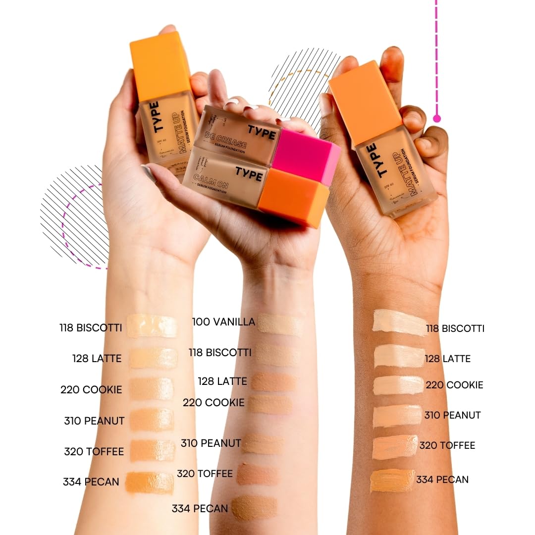 TYPE BEAUTY INC. Calm On Long Lasting Foundation with 12-Hr Wear | Soothing Oat & Amino Acids | Blendable Foundation For Makeup | Light Coverage for a Flawless Look | For Women - Cookie (220) | 20 ml