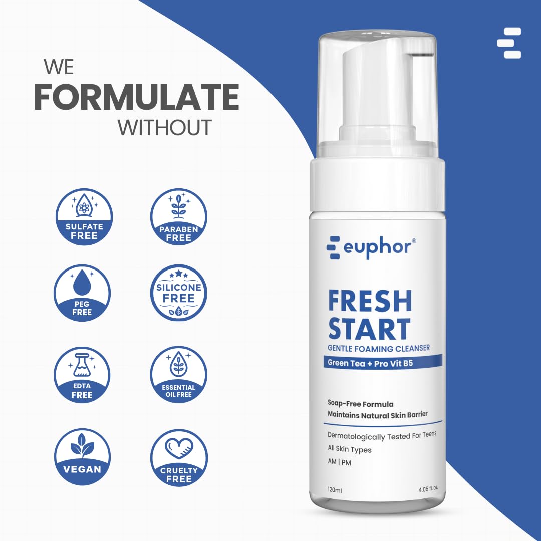 euphor Teens | Gentle Foaming Face Wash | for Age 12+ | All Skin Types- Dry, Oily and Combination | Green Tea, Aloe Vera, vitamin B3 | Gentle, Soap-free, Sulphate-free | FRESH START Euphoria | 120ml (1) | For Women and Men