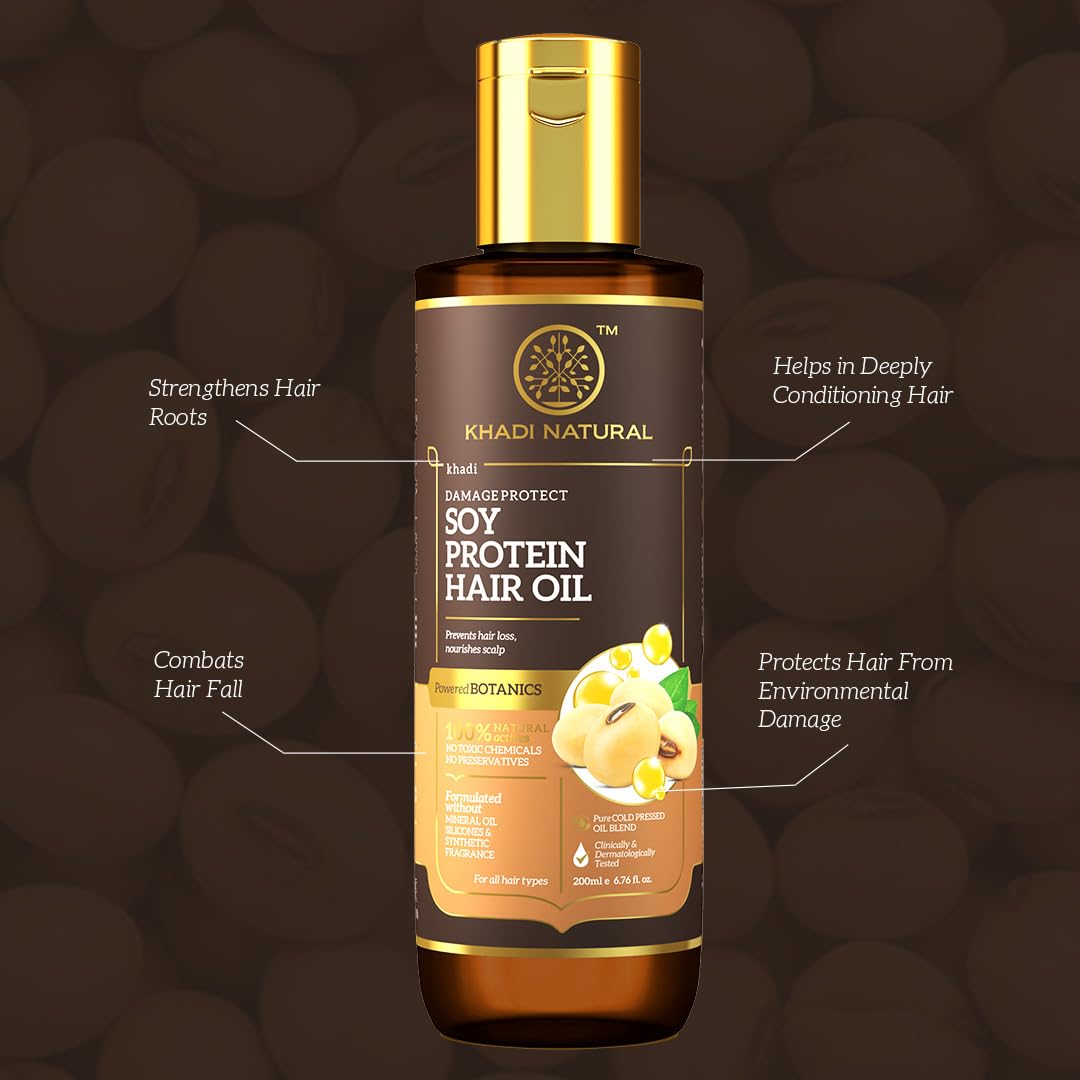 Khadi Natural Soy Protein Hair Oil: Nourishing Elixir for Stronger, Silky-Smooth Hair. Promotes Growth, Reduces Breakage, and Enhances Shine. Paraben Free, Powered Botanics - 200ml